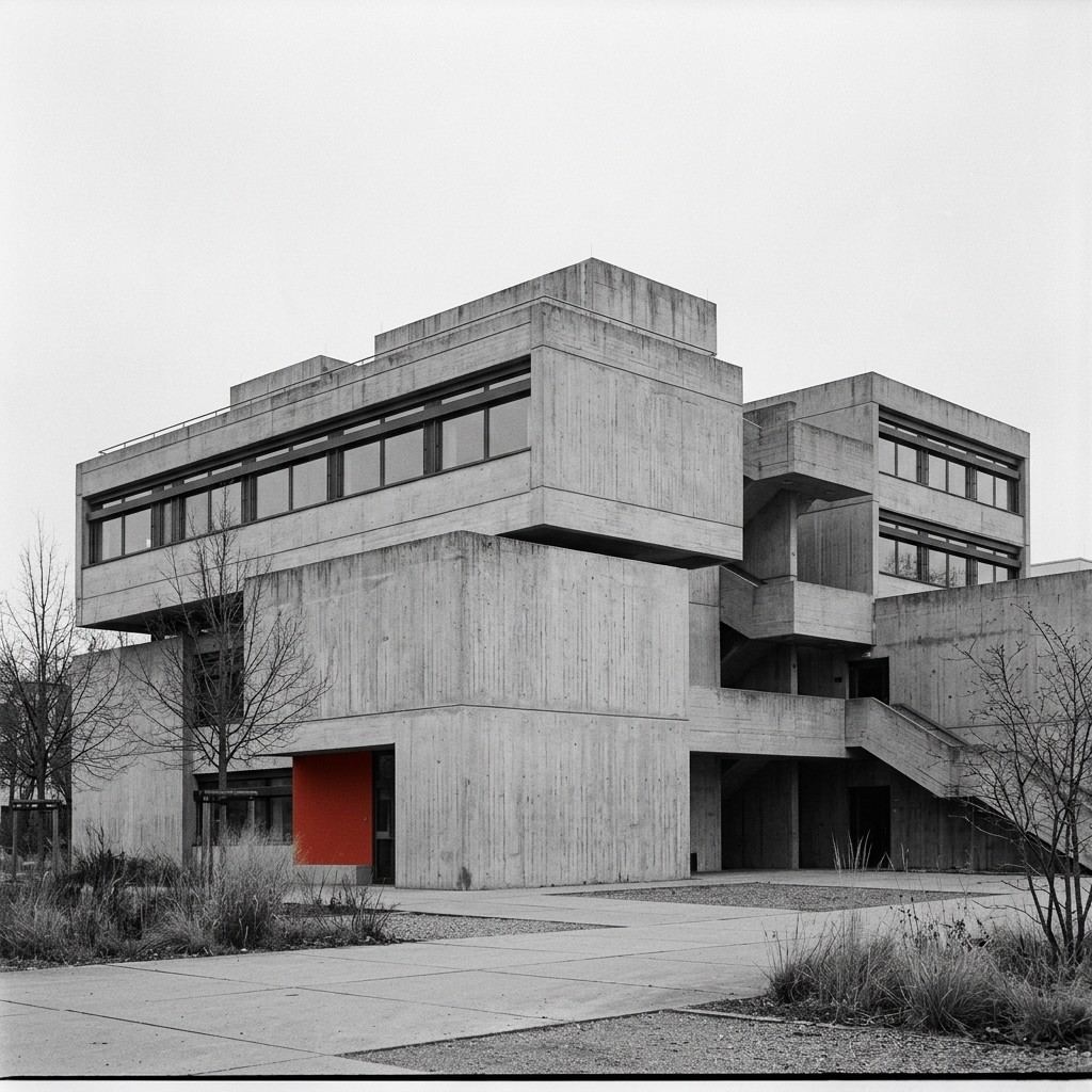 An architectural illustration in the spirit of Ulm. It is not the HfG building.